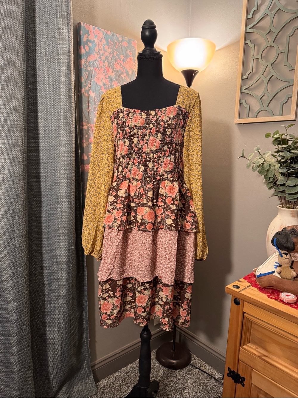 ODDY Floral Tiered Long-Sleeve Dress in Mustard and Rose